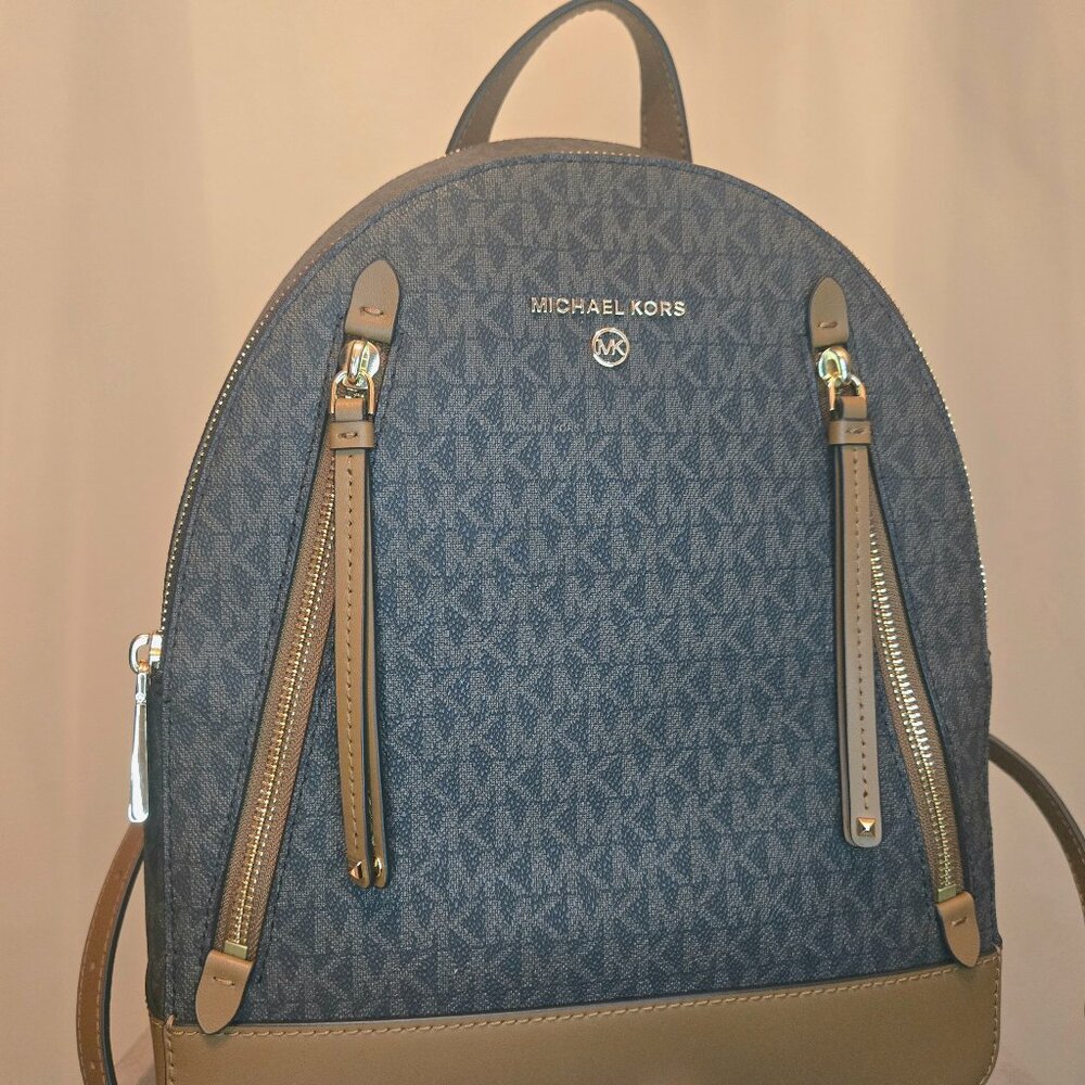 Michael Kors Brooklyn Medium Logo Backpack Purse Brown MK Monogram Leather - Picture 9 of 9
